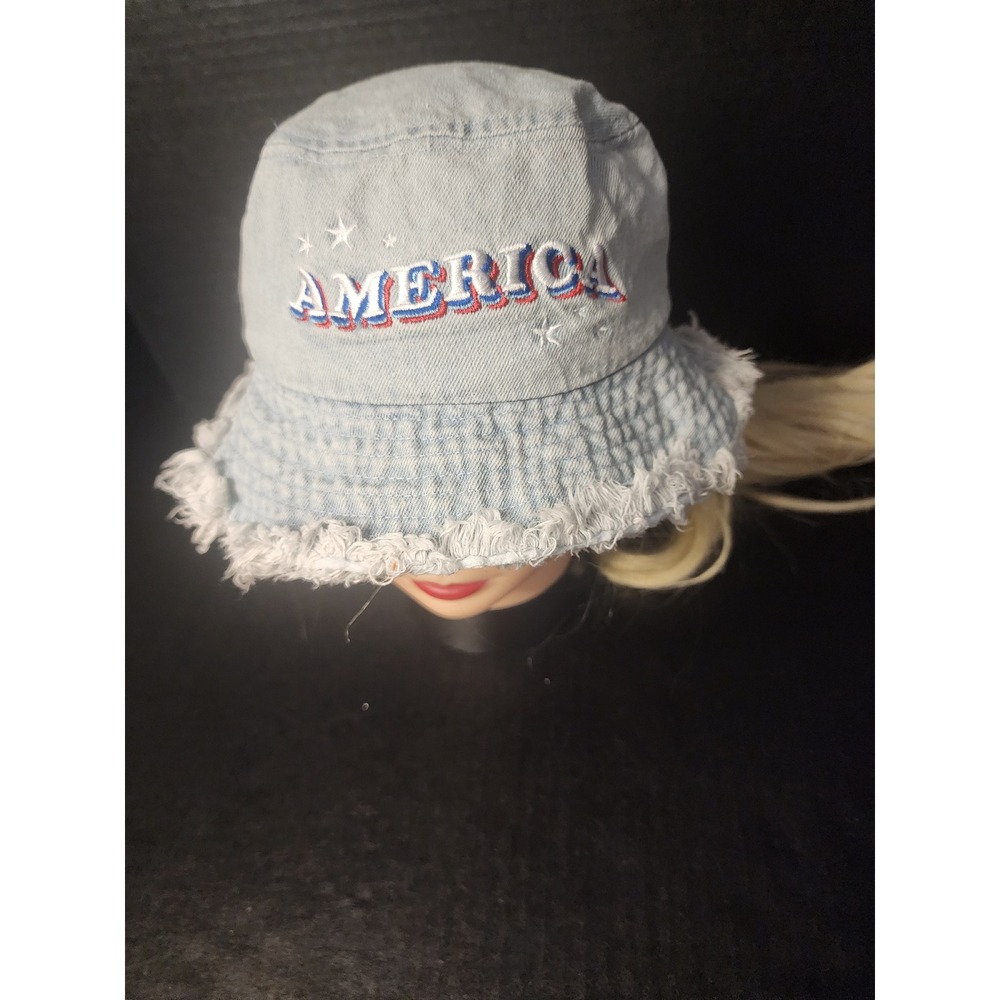 Claire's America Denim Bucket Hat Light Wash Frayed Raw Edge Patriotic Stars